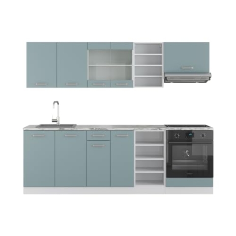 Vicco Küchenzeile R-Line, Küchenblock, Blau-Grau/Weiß, 240 cm, AP Marmor