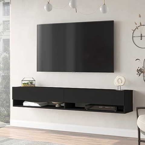 [en.casa] TV Board Laitila TV Schrank mit 2 Ablagen 2 Schranktüren Lowboard Fernsehtisch 180 x 31,5 x 29,5 cm Sideboard hängend Schwarz