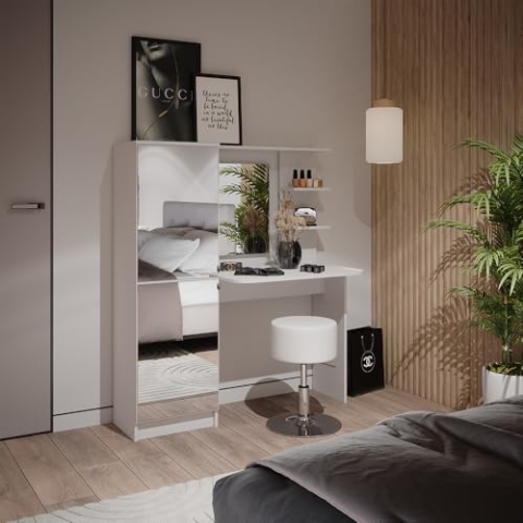Vicco Schminktisch Jasmin, Kosmetiktisch mit Spiegel, Weiß, 123 x 141.2 cm mit Hocker