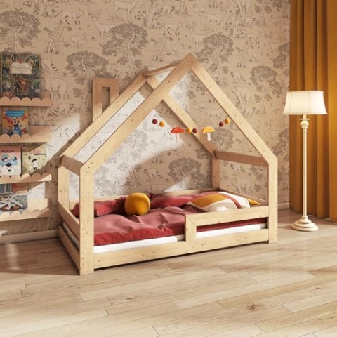 Need Sleep Kinderbett Haus Hausbett Bodentief 90x200 cm mit Rausfallschutz Schornstein Lattenrost Bodenbett Montessori Bett ab 2 Jahre aus Holz Mädchen Junge Symmetrisch