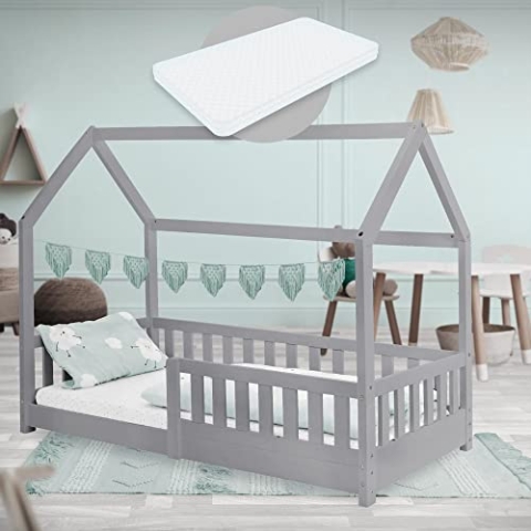 ML-Design Kinderbett 80x160 cm Hellgrau mit Matratze, Rausfallschutz, Dach und Lattenrost, Massivholz Spielbett, Hausbett für Mädchen/Jungen, Bettenhaus aus Kiefernholz, Jugendbett Kinderhaus Holzbett