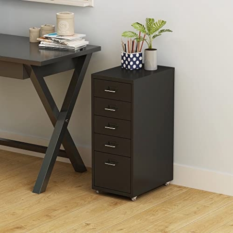 [en.casa] Rollcontainer Kökar Schubladenschrank Metall Aktenschrank mit 5 Schubladen Bürowagen mit Rollen für Arbeitszimmer 69 x 28 x 41 cm Schwarz matt