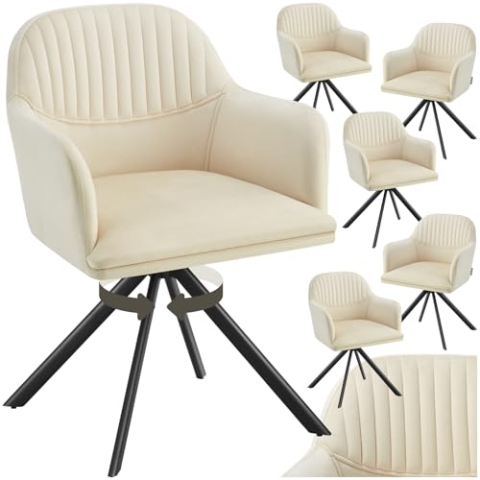 tectake® 6 x Esszimmerstuhl drehbar, Armlehnstuhl drehbar, ergonomischer Stuhl Samt, Stühle für Esszimmer, Möbel für Wohnzimmer, Arbeitszimmer, Esstisch, Schminktisch - 6er Set - Creme/schwarz