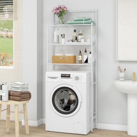 MALLBOO Waschmaschinenregal ohne Bohren 3 Ebenen Badezimmerregal, Edelstahl Toilettenregal,Platzsparender Badezimmerträger（Weiß）