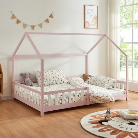 [en.casa] Kinderbett Hesel Hausbett Rosa 140 x 200 cm mit Rausfallschutz und Lattenrost Bodenbett Jugendbett Holzbett