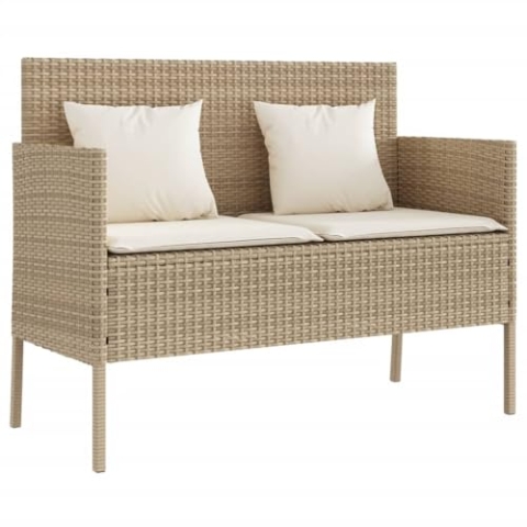 vidaXL Gartenbank mit Kissen, Sitzbank mit Staufach unter Sitzfläche, Parkbank mit abnehmbaren Bezügen, Außenbank Outdoor Bank, Beige Poly Rattan