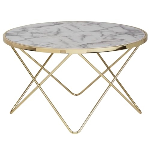 Wohnling Design Couchtisch Marmor Optik Weiß Rund Ø 85 cm Gold Metall-Gestell, Großer Wohnzimmertisch, Beistelltisch