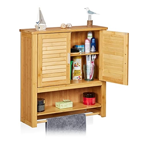 Relaxdays Hängeschrank LAMELL Bambus, mit Handtuchhalter, 3 Ablagen, 2 Türen, Badschrank, HBT: 66 x 62 x 20 cm, natur, 20x62x66 cm