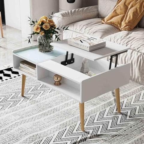 Makika Couchtisch Wohnzimmertisch ausziehbar - mit höhenverstellbarer Platte und verstecktem Stauraum Sofatisch Kaffeetisch Beistelltisch - Fernsehtisch aus Holz und Glas Wohnzimmer Möbel Tisch Weiß