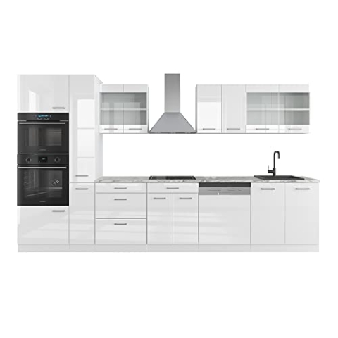 Vicco Küchenzeile R-Line, Weiß Hochglanz/Weiß, 350 cm mit Hochschrank, ohne Arbeitsplatte