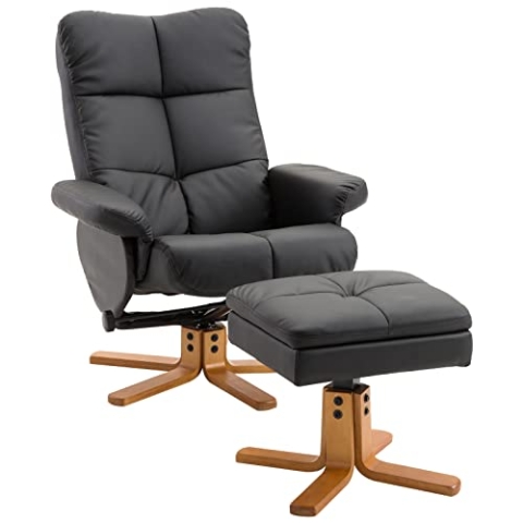 HOMCOM Relaxsessel mit Hocker, Stauraum, Gepolstert Fernsehsessel mit Liegefunktion, 360° Drehbar TV-Sessel für Schlafzimmer, Wohnzimmer, Kunstleder, Schwarz