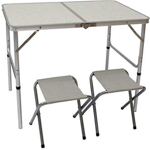 AMANKA Alu Campingtisch Set mit 2 Stühlen - 90x60cm Klapptisch - 2-Fach höhenverstellbarer Falttisch Grau