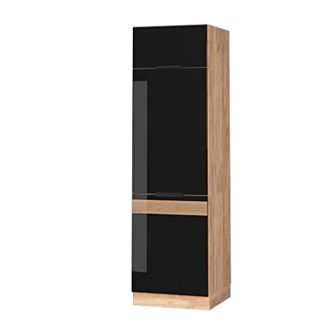 Vicco Kühlumbauschrank Fame-Line, Schwarz-Eiche Hochglanz/Goldkraft Eiche, 60 cm