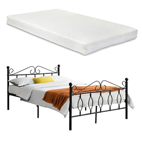 [en.casa] Metallbett Apolda 140x200 cm Jugendbett mit Matratze und Lattenrost Doppelbett mit Kaltschaummatratze bis 300kg Schwarz