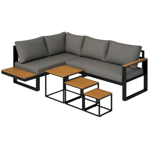 Outsunny 5-TLG. Gartenmöbel-Set, Gartengarnitur mit Ecksofa, Doppelsofa, Couchtisch, Balkonmöbel-Set mit Sitzkissen, Gartenlounge-Set für Terrasse, Balkon, Grau