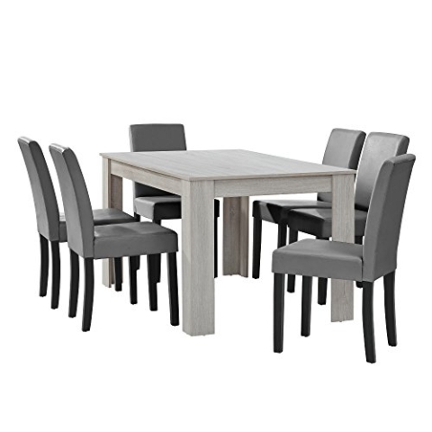 [en.casa] Esstisch Eiche weiß mit 6 Stühlen hellgrau Kunstleder gepolstert 140x90 Essgruppe Esszimmer