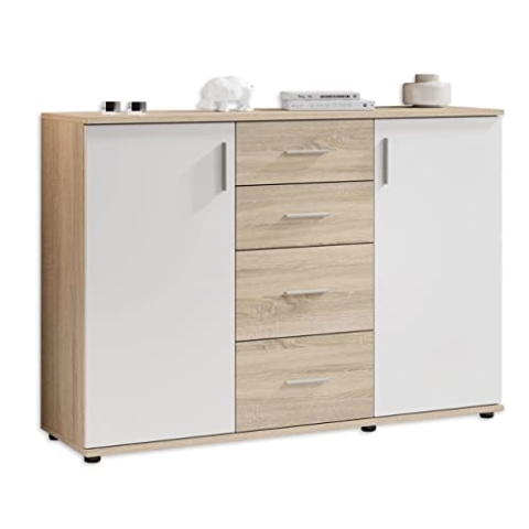 Stella Trading BOBBY Kommode in Eiche Sonoma Optik, weiß - Modernes Sideboard mit viel Stauraum für Ihren Wohnbereich - 120 x 82 x 35 cm (B/H/T)