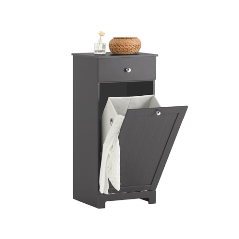 SoBuy BZR21-DG Wäscheschrank mit ausklappbarem Wäschesack Wäschetruhe Wäschesammler mit Schubladen Wäschekorb Badschrank Badmöbel grau BHT ca. 40x91x38cm