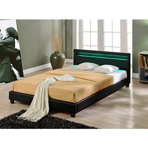 Corium LED Polsterbett Paris Bettgestell mit LED Beleuchtung Doppelbett aus Kunstleder Lattenrost & gepolstertes Kopfteil Ehebett 160x200cm Schwarz