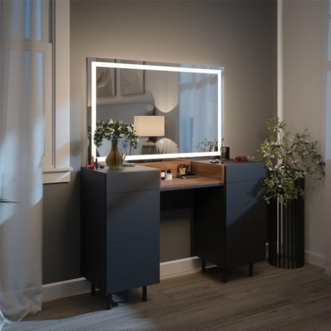 Vicco Schminktisch Anika, Kosmetiktisch mit Spiegel, Anthrazit/Nussbaum, 120 cm mit LED-Spiegel