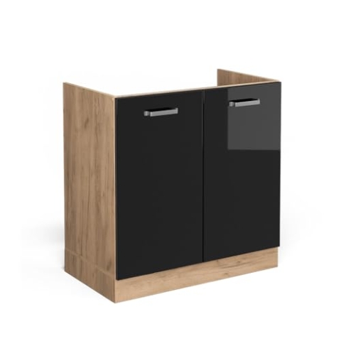 Vicco Spülenunterschrank R-Line, Schwarz Hochglanz/Goldkraft Eiche, 80 cm ohne Arbeitsplatte