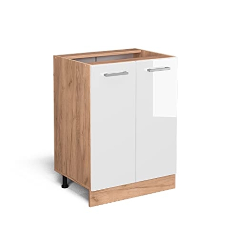 Vicco Küchenunterschrank R-Line, Weiß Hochglanz/Goldkraft Eiche, 60 cm ohne Arbeitsplatte