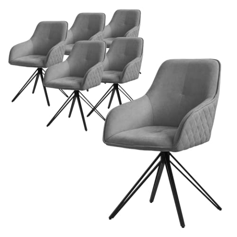 ML-Design Esszimmerstühle drehbar 6er Set, Textil Webstoff, Grau, Wohnzimmerstuhl mit Armlehne/Rückenlehne, 360° Drehstuhl, Polsterstuhl mit Metallbeine, Ergonomische Sessel, Küchenstuhl Loungesessel