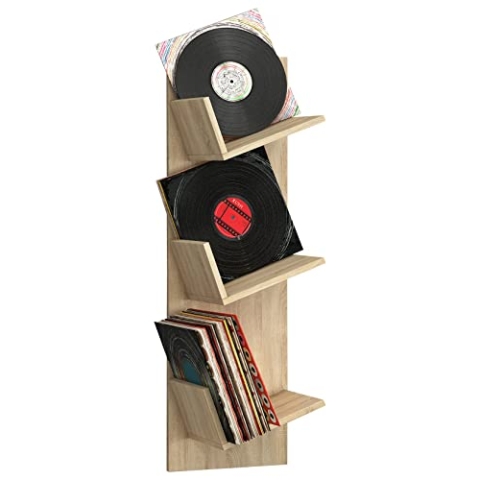 VCM Holz Wandregal | Wandboard mit DREI großen Fächer | Platz für 100 Schallplatten | kann auch für Bücher verwendet Werden | Maße: H. 106 x B. 33 x T. 26 cm - Sulda Sonoma-Eiche