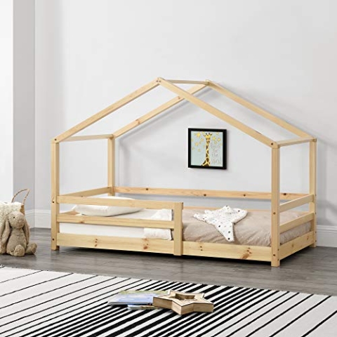 [en.casa] Kinderbett Knätten Hausbett Bodenbett 90 x 200 cm Holzbett für Kinder mit Rausfallschutz Kiefernholz Bettgestell mit Lattenrost Holzfarben