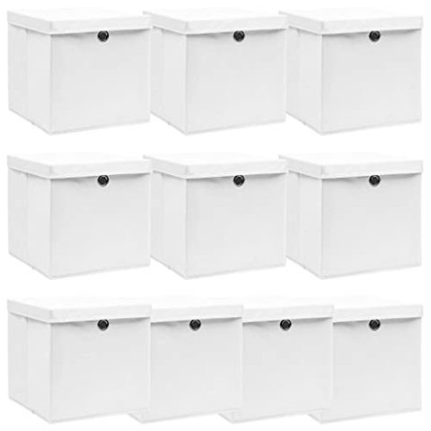 vidaXL 10x Aufbewahrungsbox mit Deckel Zusammenklappbar Spielkiste Regalkorb Faltkiste Korb Kinderbox Box Kiste Weiß 32×32×32cm Stoff
