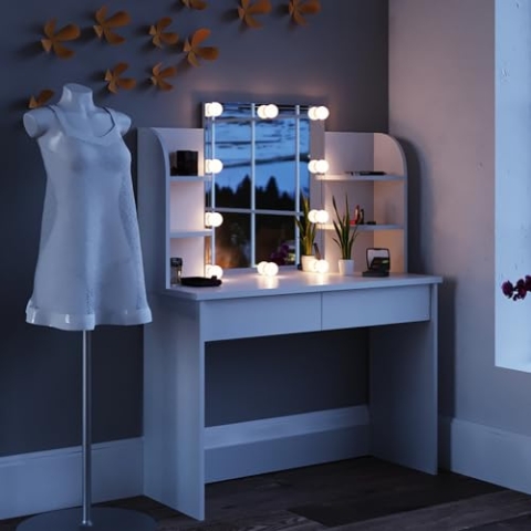 Vicco Schminktisch Charlotte, Kosmetiktisch mit Spiegel, Weiß, 108 cm + LED und Hocker