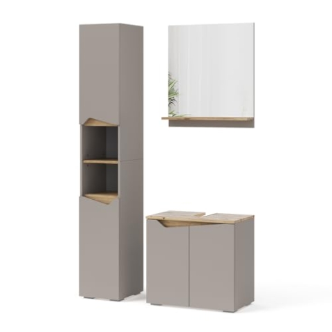 Vicco Badmöbel-Kombination Marelle, Greige/Artisan-Eiche, 3 Teile, mit Hochschrank