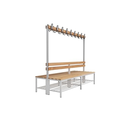 furni24 Umkleidesitzbank mit Stahlrahmen, Garderobenbank Sportraum Bank für Fitnessstudio Buche Echtholz, lackierter, Hakenleiste und TÜV/GS getestet - 200 cm Doppelseitige mit Schuhrost - Grau