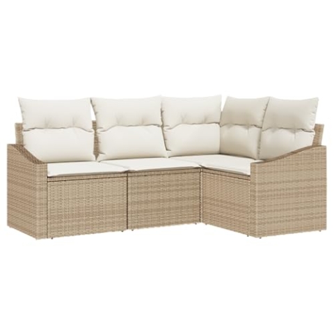 vidaXL 4-teiliges Garten-Sofa-Set mit Kissen Beige Poly Rattan Modernes Ecksofa Patio-Möbel für Outdoor-Sitzgelegenheiten Lounge-Stuhl