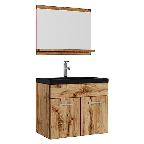 Badplaats B.V. Badezimmer Badmöbel Set Montreal 02 60cm Waschbecken Schwarz - Eiche Unterschrank Waschtisch Spiegel Möbel