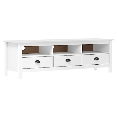 vidaXL Kiefernholz Massiv TV Schrank mit 3 Regalfächern 3 Schubladen Lowboard TV Möbel Sideboard Fernsehtisch Fernsehschrank HiFi-Schrank Weiß 158x40x47cm
