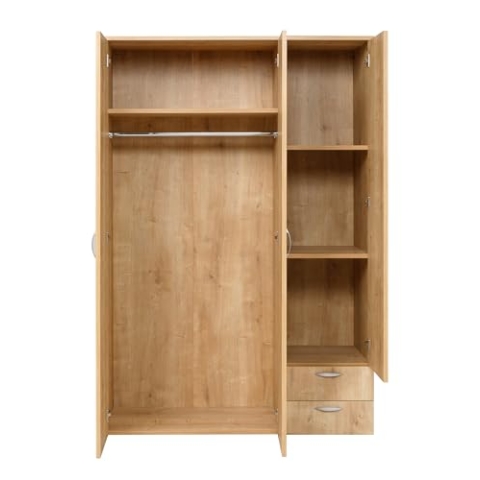 furni24 Kleiderschrank aus Holz 120cm, Garderobenschrank, Mehrzweckschrank, 3-türig mit Haken, 3 Regale und Schubladen, Kleiderbügeln, Saphir Eiche, 120x52x177cm