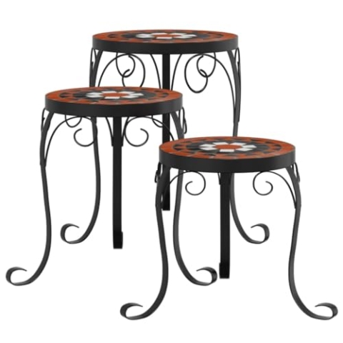 vidaXL Pflanzenständer 3 STK., Blumenständer mit Eisengestell, Blumenhocker für Terrasse Balkon Garten, Pflanzenhocker, Terrakottarot Weiß Keramik