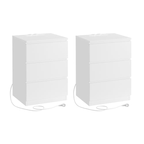 VASAGLE Nachttisch, 2er Set, Beistelltisch, 3 Schubladen, abgeschrägte Kante, 2 AC-Steckdosen, 2 USB-Anschlüsse, Wohnzimmer, Schlafzimmer, Arbeitszimmer, modern, wolkenweiß LET831W14