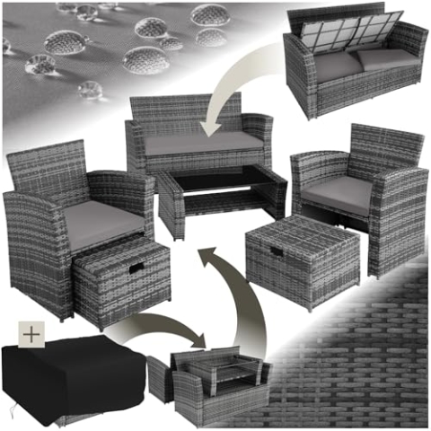 tectake Polyrattan Garten Sitzgruppe für 4 Personen mit Hocker, Rattan Gartenmöbel Set mit eingebauter Auflagenbox in der Sitzbank, Garten und Balkon Möbel - grau