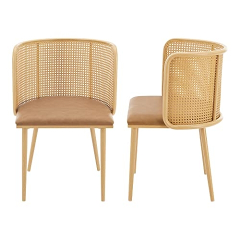 [en.casa] Esszimmerstuhl Flen Stühle Esszimmer 2er Set Rattan Braun 2 x Stuhl Küchenstühle Kunstleder Polsterstuhl Metallbeine in Holzoptik