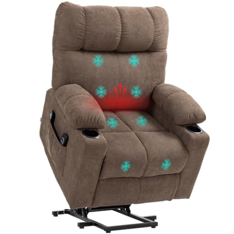 HOMCOM Fernsehsessel mit Aufstehhilfe Elektrisch, Relaxsessel mit Liegefunktion, Wärme- und Massagefunktion, TV-Sessel mit Federsystem, Fernbedienung, Seitentasche und Becherhalter Braun