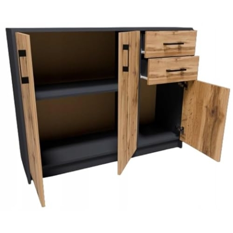 MATKAM Kommode 3D2S, B110 x H85 x T35 cm, Sideboard mit 2 Schubladen und 2 Fächer mit Türen, ideal für Büro, Diele, Wohnzimmer, Jugend- oder Kinderzimmer (Anthrazit Grau-Wotan Eiche)