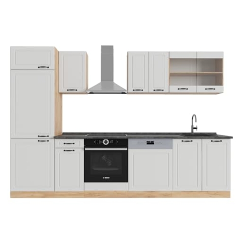 Vicco Küchenzeile R-Line, Weiß Landhaus/Goldkraft Eiche, 300 cm, AP Anthrazit