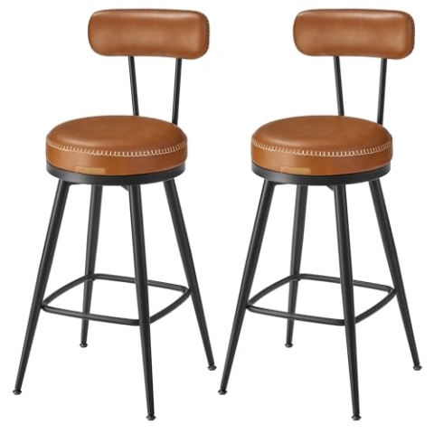 VASAGLE EKHO Kollektion - 360° drehbarer Barhocker, 4er Set, Hocker mit Rückenlehne für Kücheninsel, Kunstleder mit Nähten, Mid-Century-Modern-Stil, 65 cm hoch, Küche, Hausbar, karamellbraun LBC289K01