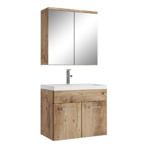 Badplaats B.V. Badezimmer Badmöbel Set Montreal 01 mit Spiegelschrank 60cm Waschbecken Eiche Kastanie - Unterschrank Waschtisch Möbel