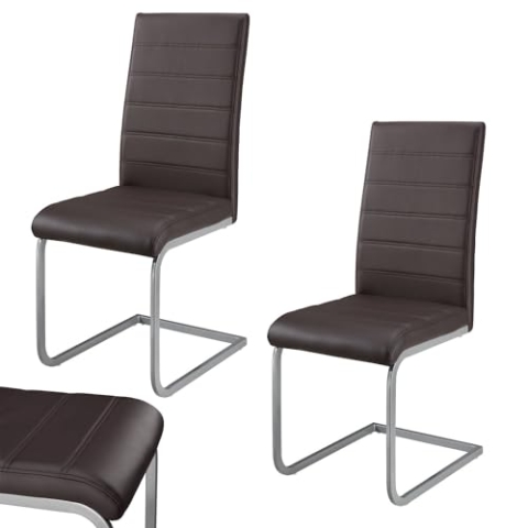 Juskys Freischwinger Schwingstuhl Vegas 2er Set - 2 Esszimmerstühle mit Rückenlehne, Küchenstühle aus Metall & Kunstleder - Stühle modern für Esszimmer, Wohnzimmer & Küche - Braun