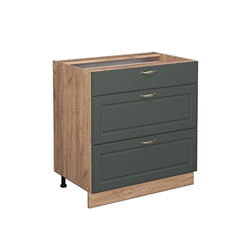 Vicco Küchenunterschrank Fame-Line, Grün-Gold Landhaus/Goldkraft Eiche, 80 cm mit 3 Schubladen, ohne Arbeitsplatte