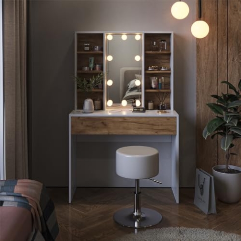 Vicco Schminktisch Alexa, Weiß/Eiche, 93 cm mit LED Beleuchtung und Hocker