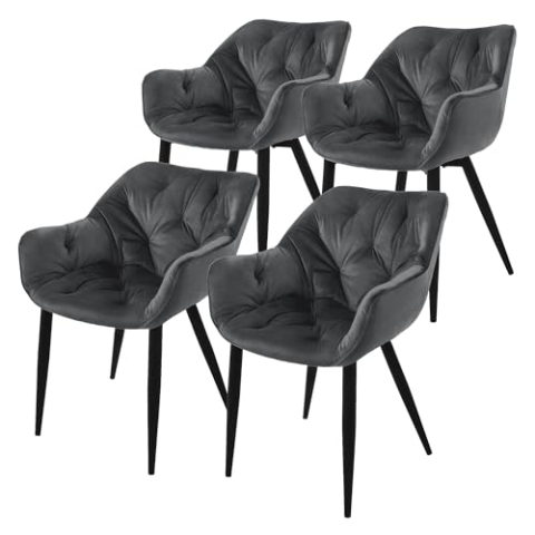 ML-Design Esszimmerstühle 4er Set Anthrazit, Küchenstuhl mit dickem Samtstoff gepolsterter Sitz, Metallbeinen, Wohnzimmerstuhl mit Rücken- und Armlehnen, Gesteppter Polsterstuhl, Ergonomischer Sessel